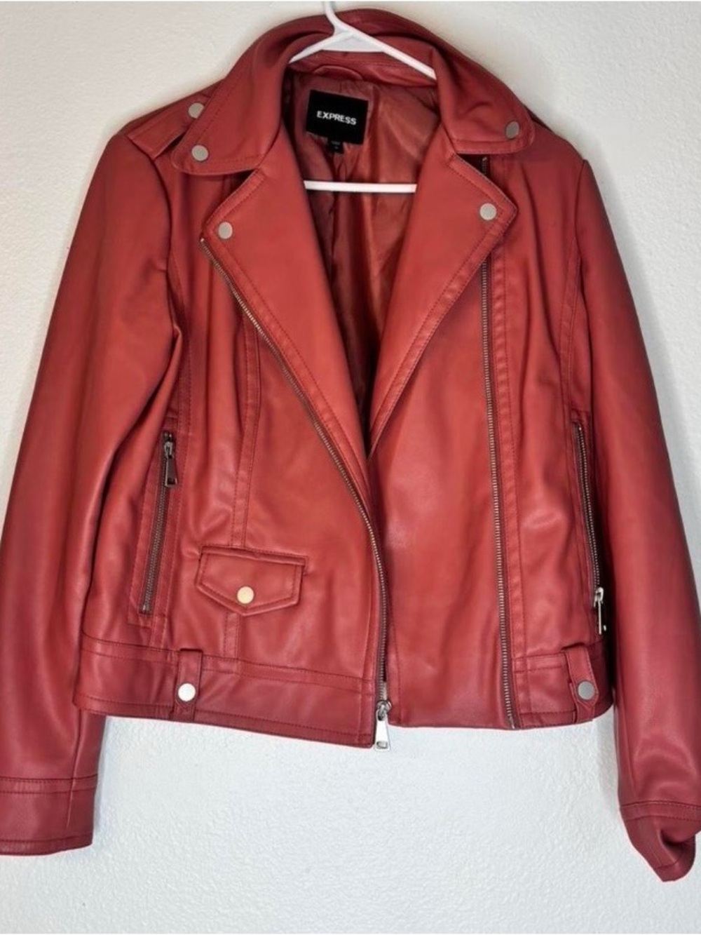Express Women's Brick Red Faux Leather Moto Jacket